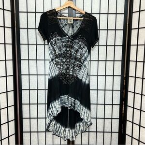 SOLD**VOCAL Womens Crystal Fleur De Lie Black Tie Dye Dress Size M USA Y2K